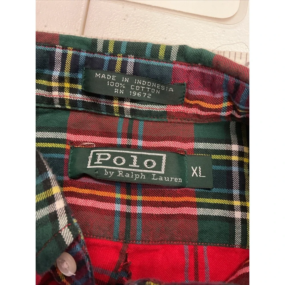 Vtg Polo Ralph Lauren Tartan Red Plaid Flannel‎ Youth XL Crest Holiday Christmas